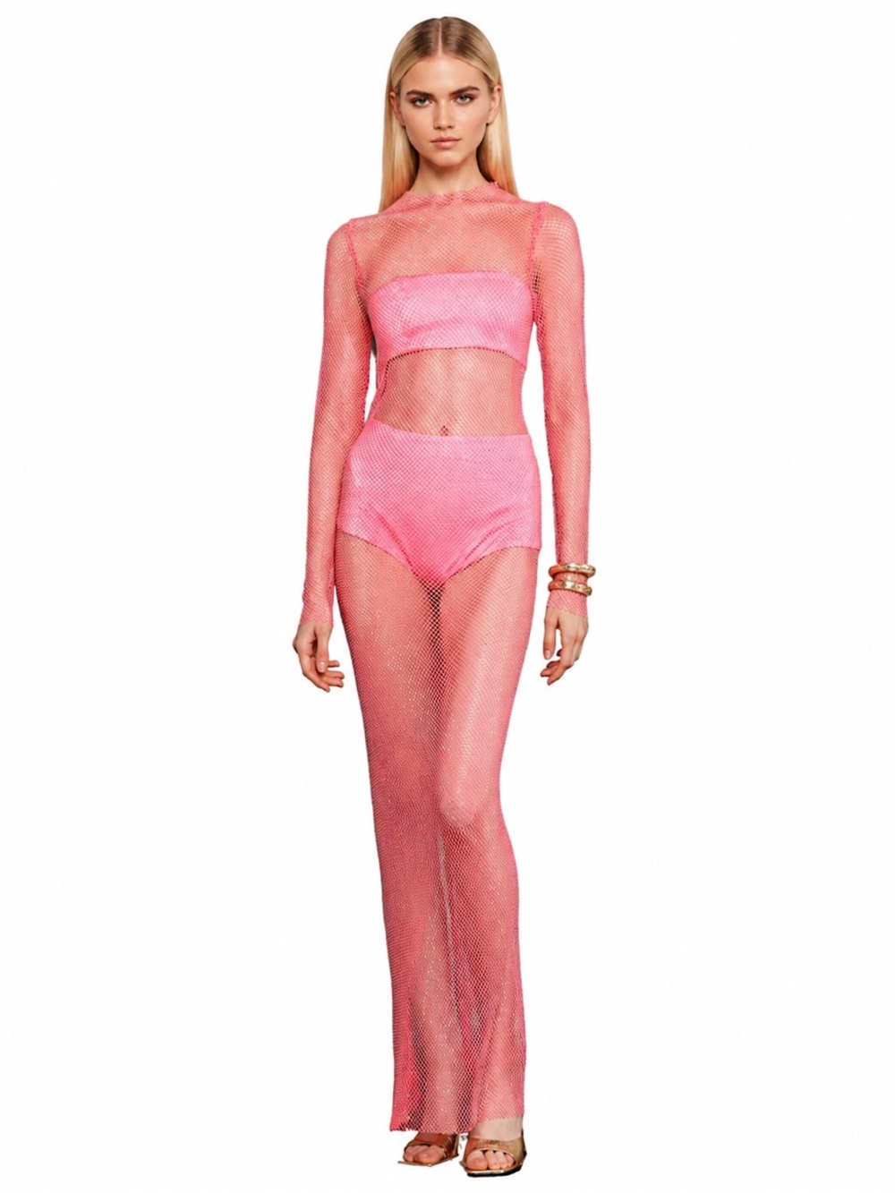 Bronx & Branco Sheer hot Pink Mesh and rhinestone dress